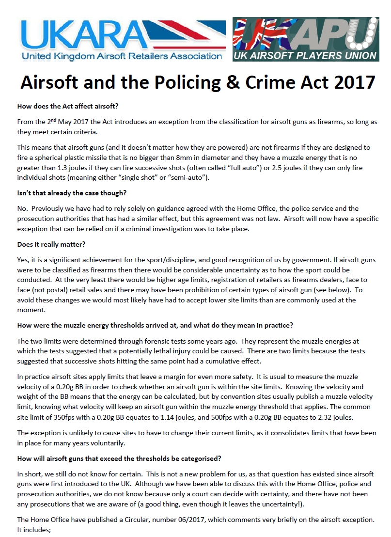 Joint UKARA and UKAPU statement on Airsofting and the Policing and Crime Act 2017